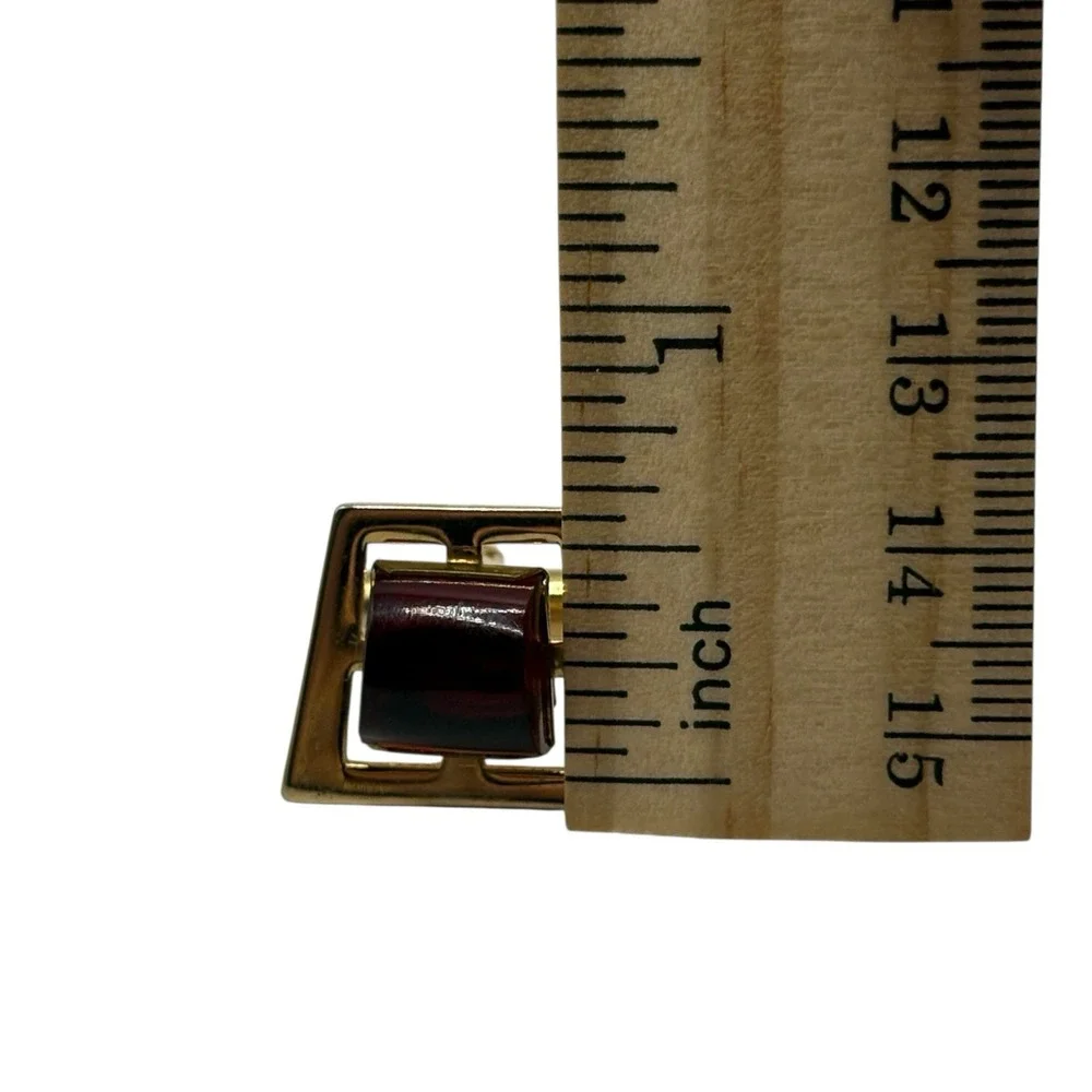 ANSON Cherry Red Lucite Cufflinks Tie Clip Bar Set Gold‎ Tone Open Frame Vintage
